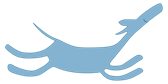 Light blue profile of a flying dog with a slight smile on her face.