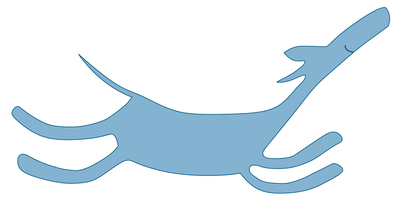 Light blue profile of a flying dog with a slight smile on her face. Links to a page of photos of a leaping blue heeler dog.